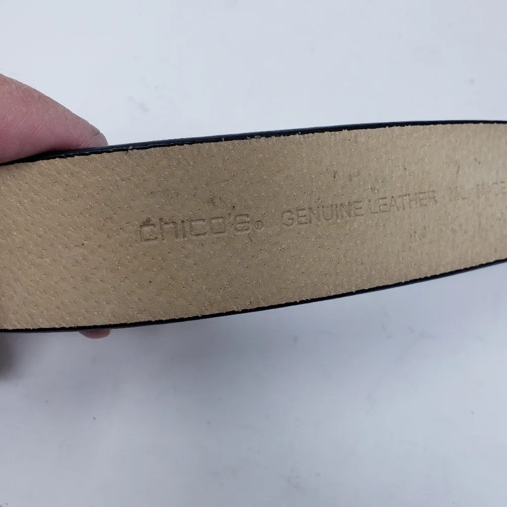 Chico’s Black Leather Women’s Slide Statement Belt with Silver Hook Buckle M/L